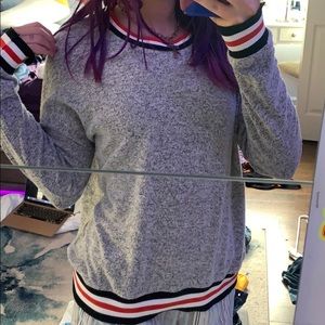 grey with black white red stripes top